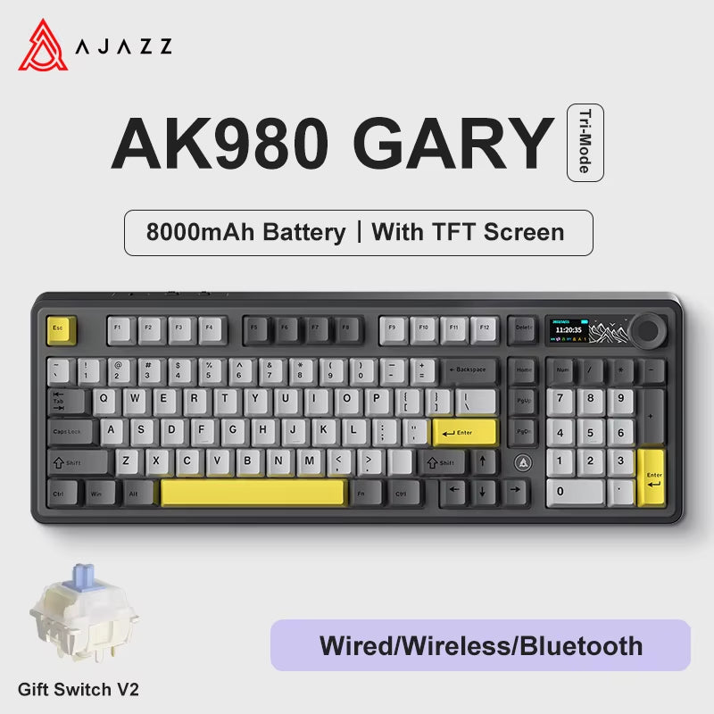 AK980 Gaming Mechanical Keyboard with Color Screen 98 Keys RGB Bluetooth Wireless Keyboard Gamer 8000Mah for PC Laptop