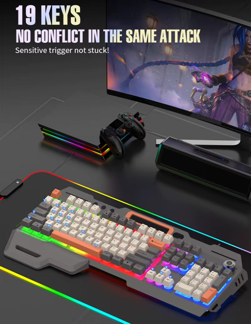 Gaming Keyboard 100% Layout Mechanical Feel 104 Key Spanish Russian Korean Arabic Keyboard Gamer Wired RGB Volume Knob Mouse K90