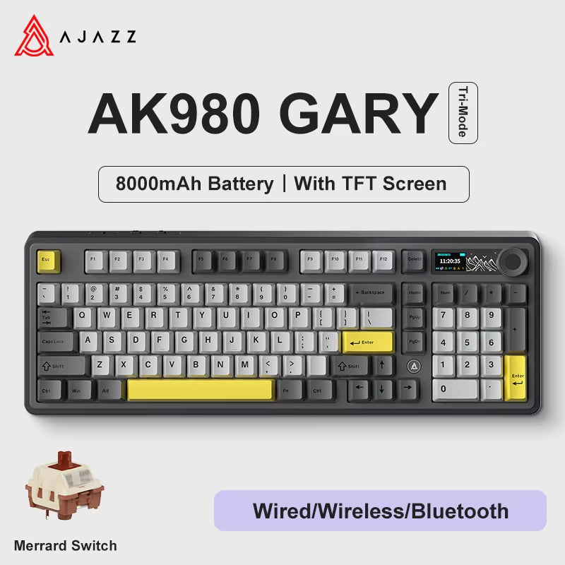 AK980 Gaming Mechanical Keyboard with Color Screen 98 Keys RGB Bluetooth Wireless Keyboard Gamer 8000Mah for PC Laptop