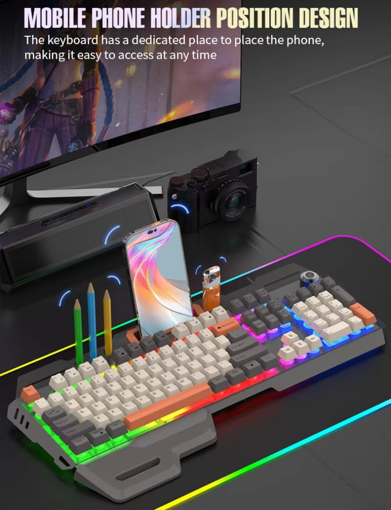 Gaming Keyboard 100% Layout Mechanical Feel 104 Key Spanish Russian Korean Arabic Keyboard Gamer Wired RGB Volume Knob Mouse K90