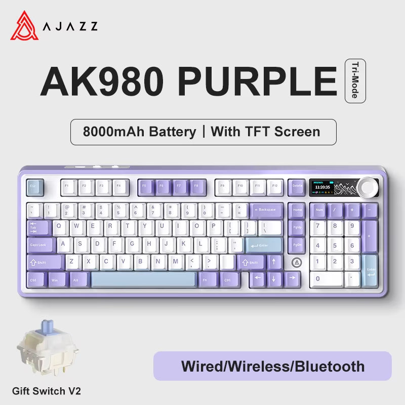 AK980 Gaming Mechanical Keyboard with Color Screen 98 Keys RGB Bluetooth Wireless Keyboard Gamer 8000Mah for PC Laptop