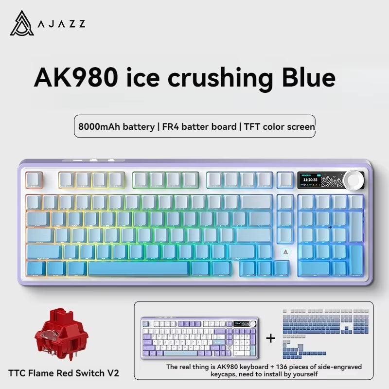 AK980 Gaming Mechanical Keyboard with Color Screen 98 Keys RGB Bluetooth Wireless Keyboard Gamer 8000Mah for PC Laptop