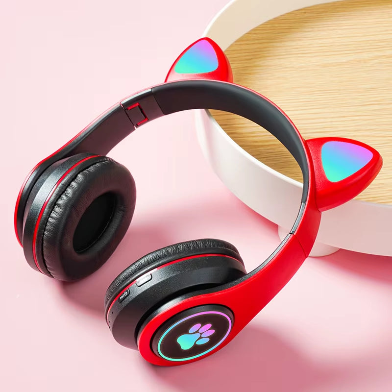 Bluetooth Wireless Headphones Cat Ear Glow Light Stereo Bass Helmets Children Gamer Girl Gifts PC Phone Gaming Headset