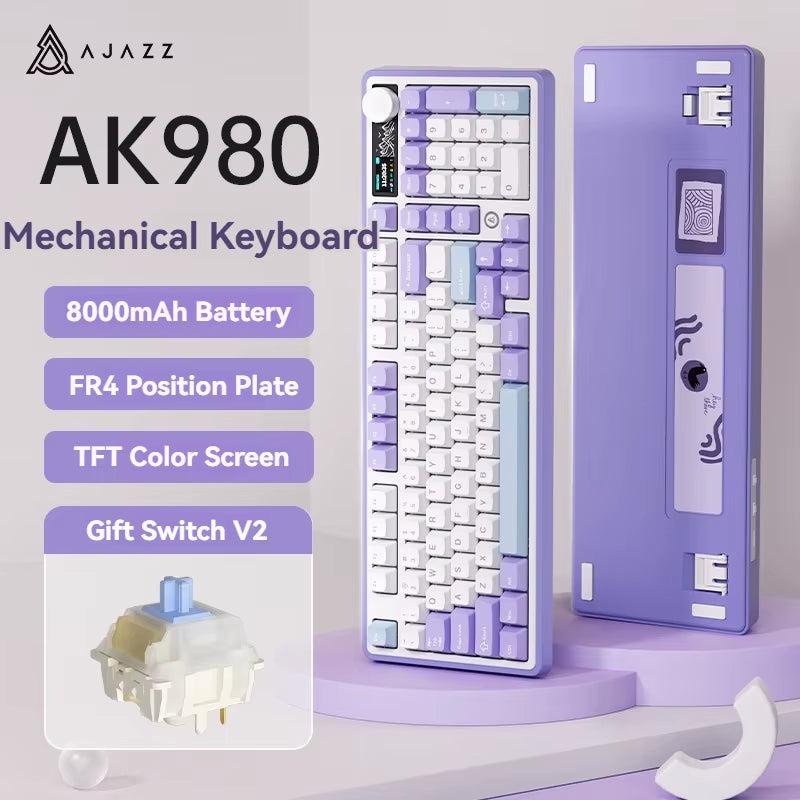 AK980 Gaming Mechanical Keyboard with Color Screen 98 Keys RGB Bluetooth Wireless Keyboard Gamer 8000Mah for PC Laptop