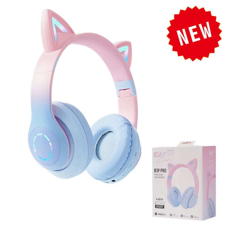 Bluetooth Wireless Headphones Cat Ear Glow Light Stereo Bass Helmets Children Gamer Girl Gifts PC Phone Gaming Headset