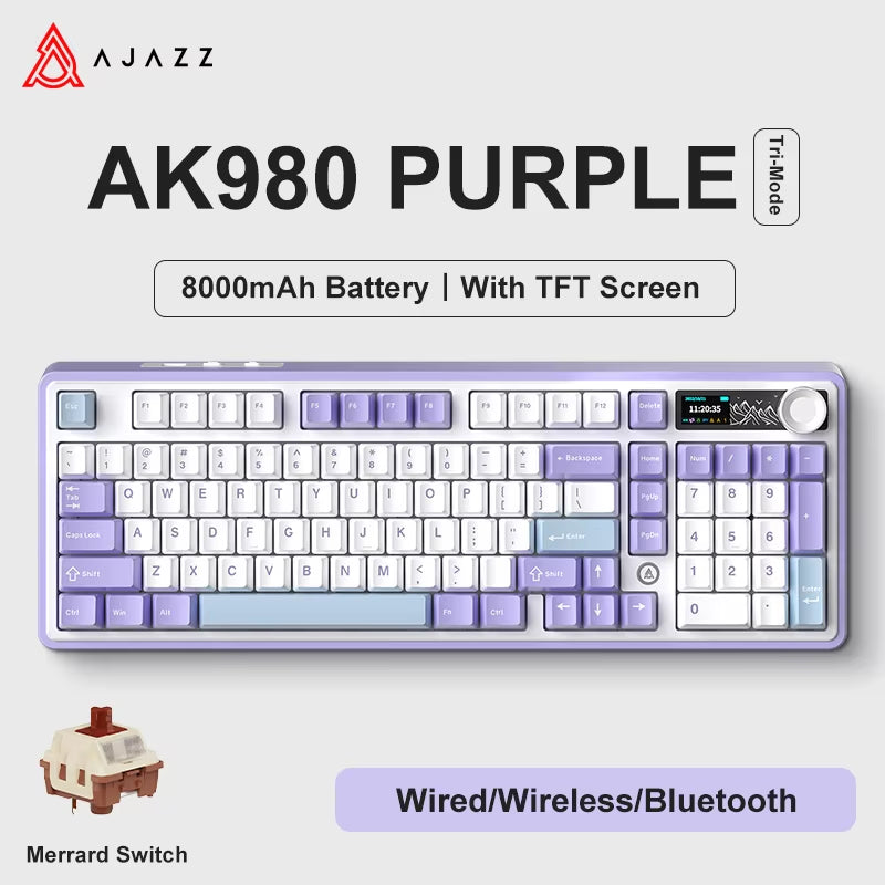 AK980 Gaming Mechanical Keyboard with Color Screen 98 Keys RGB Bluetooth Wireless Keyboard Gamer 8000Mah for PC Laptop