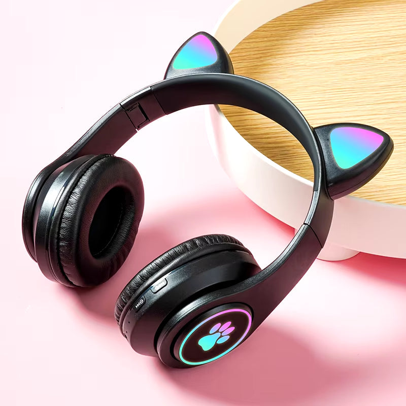 Bluetooth Wireless Headphones Cat Ear Glow Light Stereo Bass Helmets Children Gamer Girl Gifts PC Phone Gaming Headset